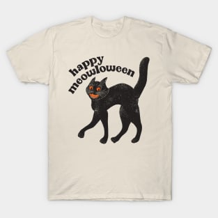 Happy Meowloween Vintage Black Cat Halloween Design T-Shirt